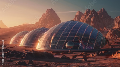 Solar panel array on a Mars habitat dome, imagining the role of solar energy in space colonization