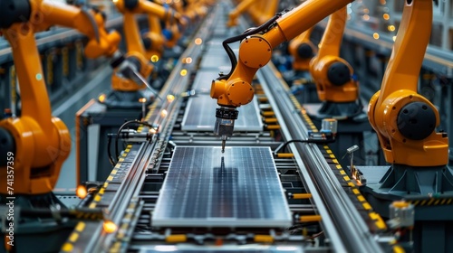 Solar panel manufacturing robot in action, highlighting automation in producing renewable energy technologies photo