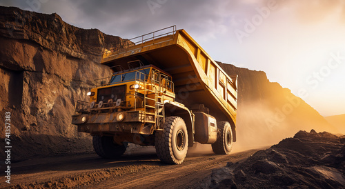 Large quarry dump truck. Transport industry. A mining truck is driving along a mountain road. photo