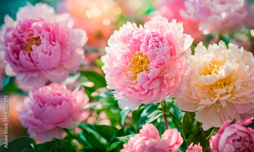 multi-colored peonies bloom in the park. Selective focus.