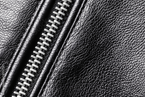 Black leather jacket background. Grunge autumn clothing. Winter fashion texture. Closed fastener pocket. Zipped zipper. Fabric design pattern. Thread seam sew jacket pocket.