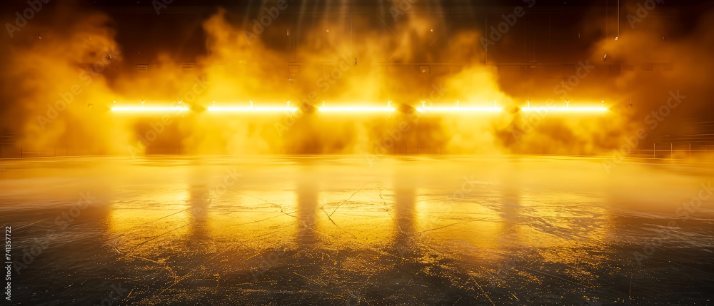 Ice Rink Background. Professional Arena illuminated lights, yellow spotlights with smoke. Copyspace. Winter poster for hockey competitions. Ice skating. Stadium. Generative ai	