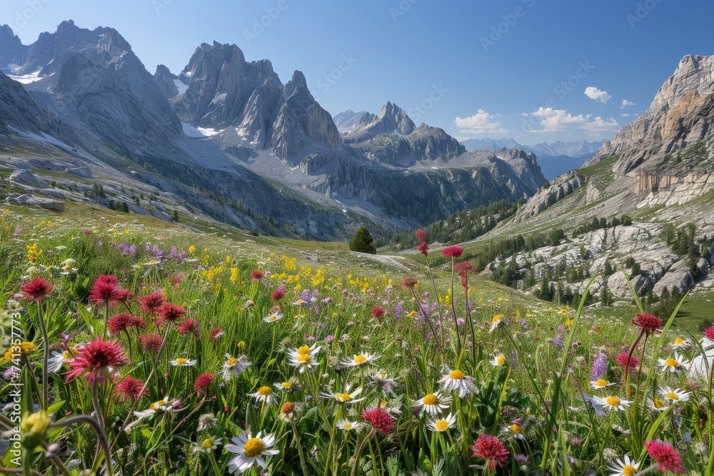 mountain landscape with wildflowers blooming in the foreground, offering a stunning contrast against the rugged peaks and clear blue sky