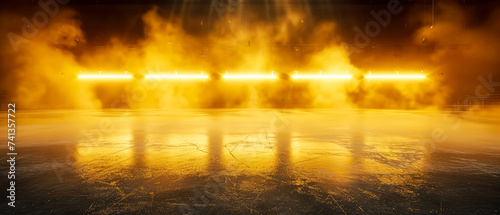 Ice Rink Background. Professional Arena illuminated lights  yellow spotlights with smoke. Copyspace. Winter poster for hockey competitions. Ice skating. Stadium. Generative ai 