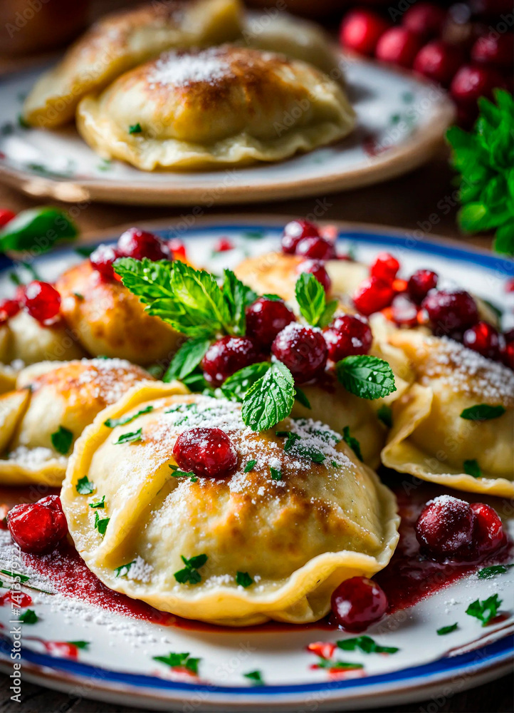 dumplings with cherries on a plate. Selective focus. dumplings with cherries on a plate. Selective focus.