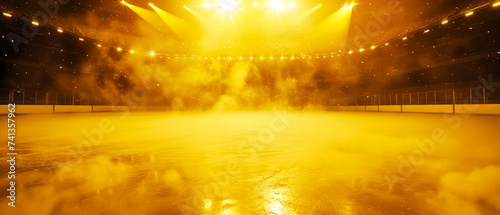 Ice Rink Background. Professional Arena illuminated lights, yellow spotlights with smoke. Copyspace. Winter poster for hockey competitions. Ice skating. Stadium. Generative ai 