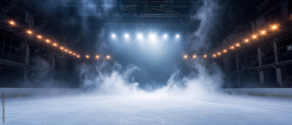 Blue Ice Rink Background. Professional Arena illuminated neon lights, spotlights with smoke. Copyspace. Winter poster for hockey competitions. Ice skating. Stadium. Generative ai	