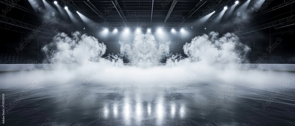  Ice Rink Background. Professional Arena illuminated neon lights, spotlights with smoke. Copyspace. Winter poster for hockey competitions. Ice skating. Stadium. Generative ai	