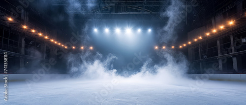 Blue Ice Rink Background. Professional Arena illuminated neon lights, spotlights with smoke. Copyspace. Winter poster for hockey competitions. Ice skating. Stadium. Generative ai 