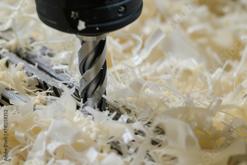 drill bit closeup with plastic shavings from synthetic material
