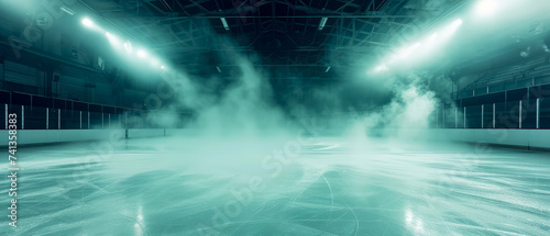  Ice Rink Background. Professional Arena illuminated neon lights, spotlights with smoke. Copyspace. Winter poster for hockey competitions. Ice skating. Stadium. Generative ai 