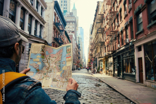 A person exploring city streets with a vintage map © Veniamin Kraskov
