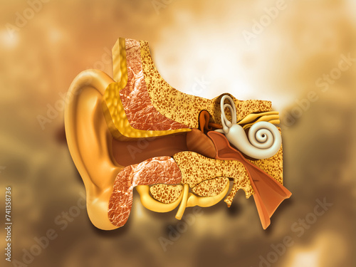 Human ear cross section anatomy on scientific background. 3d illustration. photo