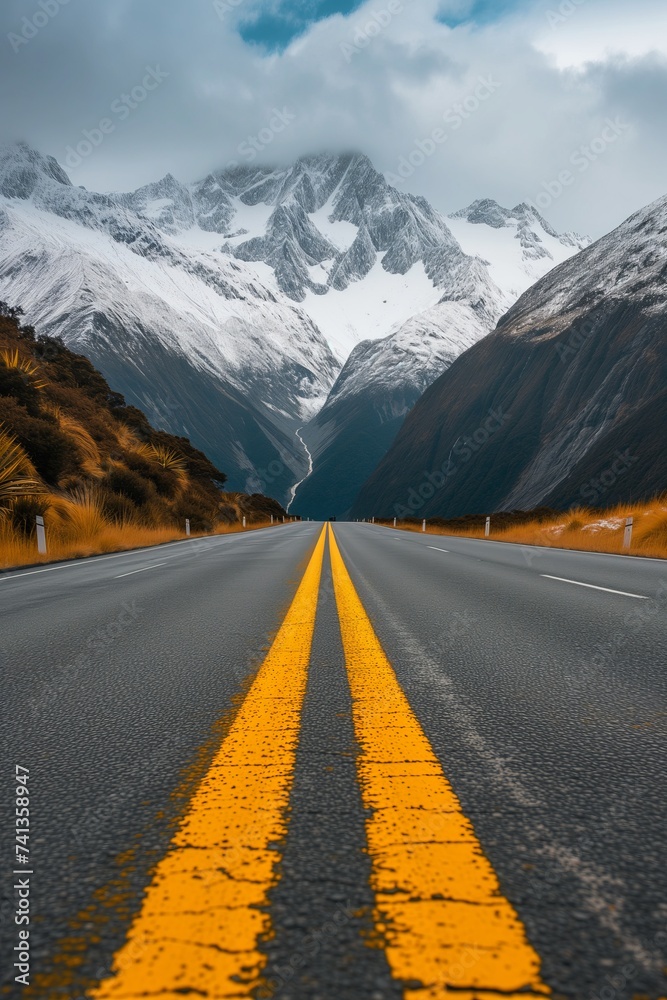 Beautiful view of the scenic highway with the American Rocky Mountain landscape in the background. vertical photo - obrazy, fototapety, plakaty 