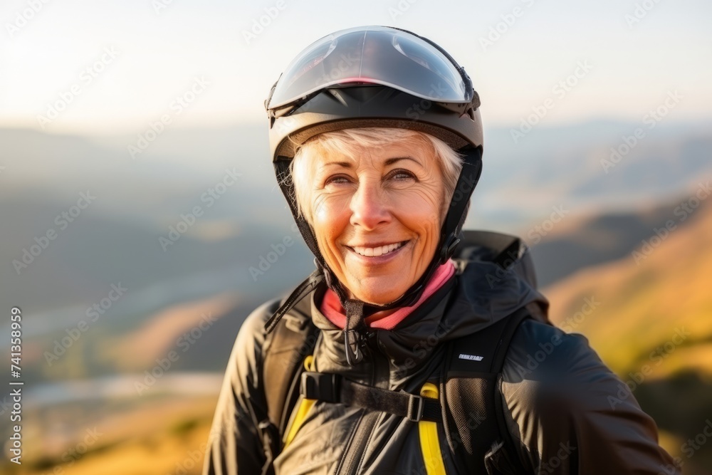 Portrait of a happy senior woman wearing helmet on top of mountain Portrait of a happy senior woman wearing helmet on top of mountain