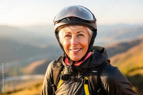 Portrait of a happy senior woman wearing helmet on top of mountain