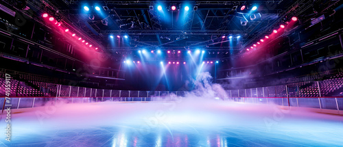 Purple Ice Rink Background. Professional Arena illuminated neon lights, spotlights with smoke. Copyspace. Winter poster for hockey competitions. Ice skating. Stadium. Generative ai 
