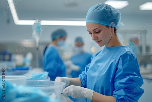 Portrait of young female surgeon doctor surrounded by her team. Group of surgeon in operation theatre.