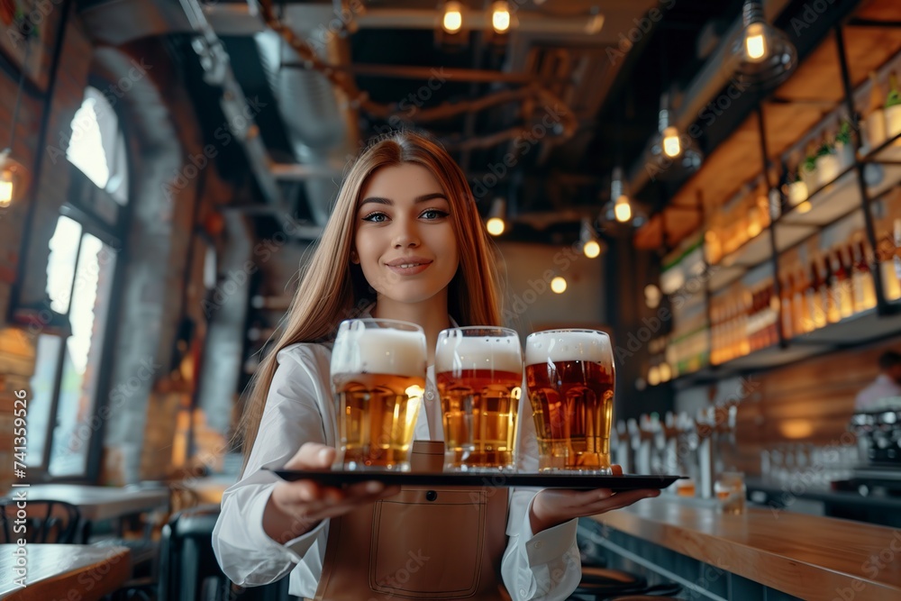 pretty woman waitress serving mugs of beer to customers