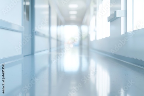 abstract defocused blurred technology space background, empty business corridor or shopping mall. Medical and hospital corridor defocused background with modern laboratory (clinic)