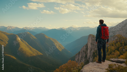 A man stands on the edge of a cliff overlooking a mountain valley © Andrey