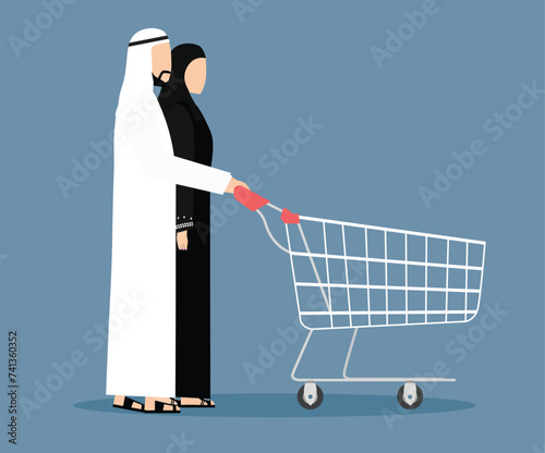 Arabic family walk and push a shopping cart
