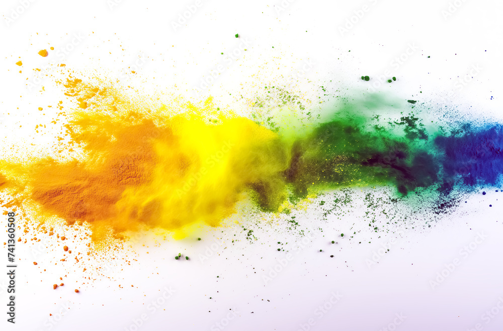 colorful and vibrant holi color powder and smoke splatters isolated on white background