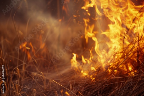 closeup of dry grass ablaze with visible flames