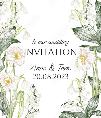 Vector invitation template with spring flowers. Daffodils, snowdrops and lilies of the valley