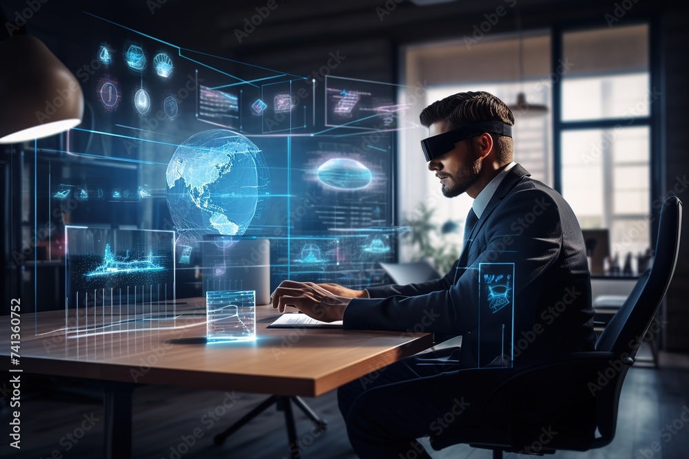 a businessman in a headset at a table, with virtual graphs, with virtual screens, a concept for the development of future technologies