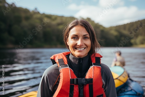 Beautiful smiling woman in life jacket on the background of a lake. © Nerea