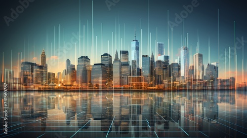 A panoramic shot of a financial district skyline with overlaid transparent stock graphs depicting market movements.