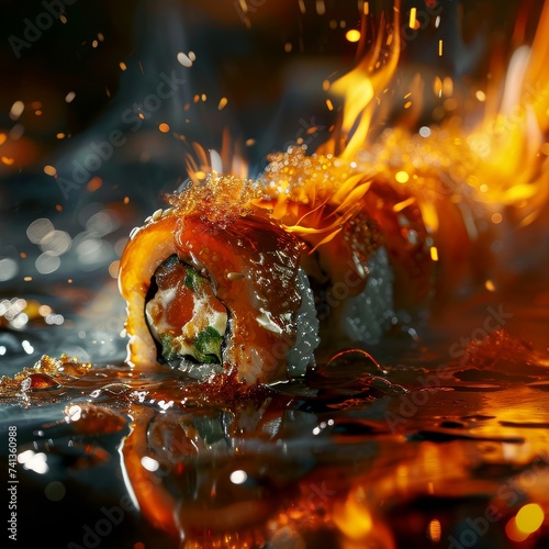Sizzling Sushi: Roll Enveloped in Flames.