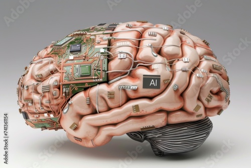 AI Brain Chip tbi. Artificial Intelligence denoising mind dmn axon. Semiconductor computer vision circuit board nanoelectrodes photo