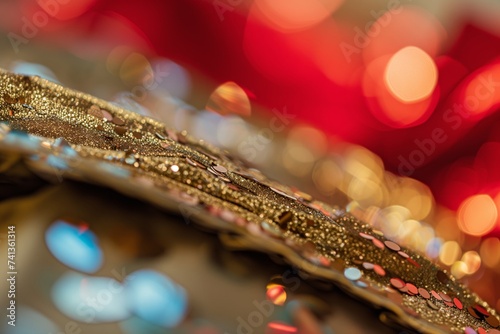 macro view of a shimmering sequin detail on a festive gift bag