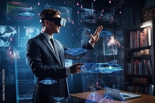 a businessman in a headset at a table, with virtual graphs, with virtual screens, a concept for the development of future technologies
