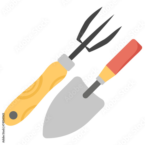 Rake and trowel flat icon design 