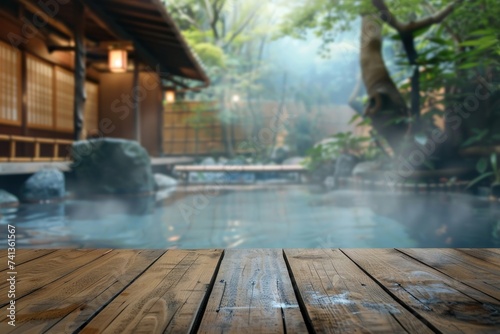 Empty wooden table and blurred onsen bath background 