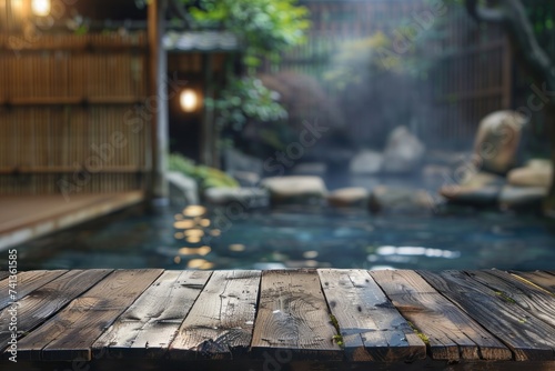 Empty wooden table and blurred onsen bath background  photo