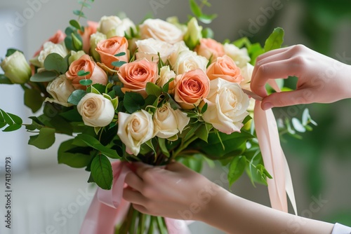 florist tying ribbon on a handheld bouquet with roses