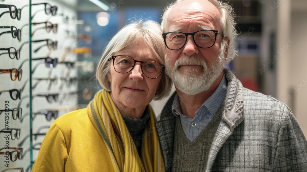 cute retired couple wearing glasses in an optical store cute retired couple wearing glasses in an optical store