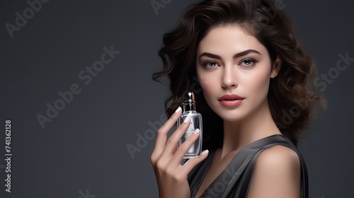 portrait, beautiful young woman holding a glass perfume bottle in her hands on a dark gray background, concept on a perfume theme, copy space