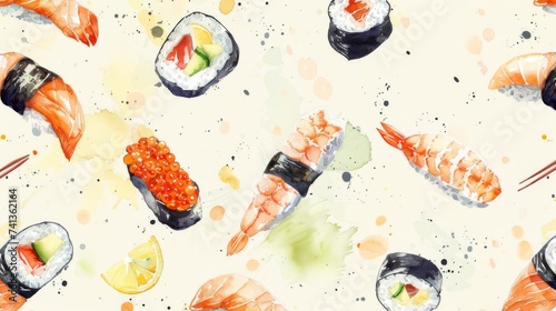 watercolor illustration of sushi set on a beige background