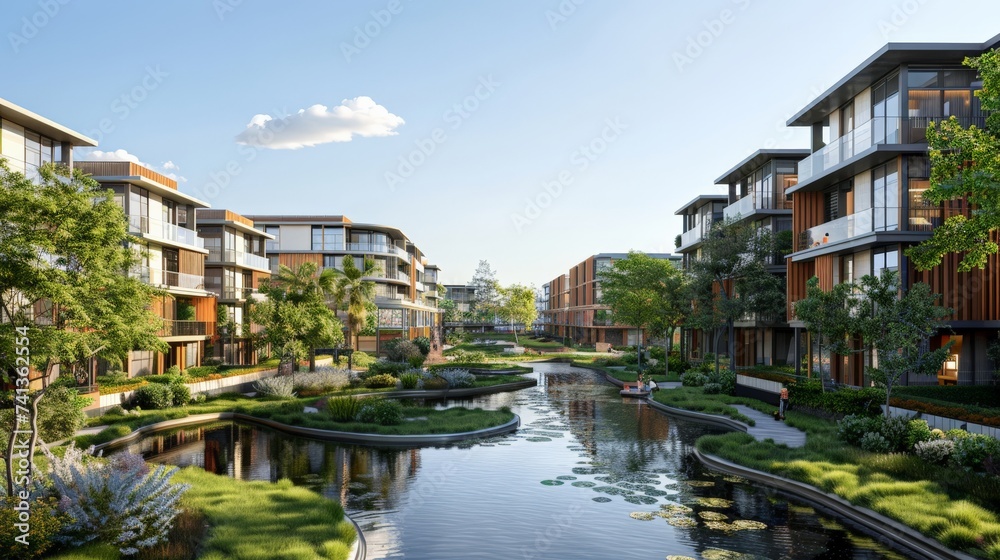 Innovative mixed-use development, terraced design with public green spaces, modern urban living, pedestrian-friendly pathways