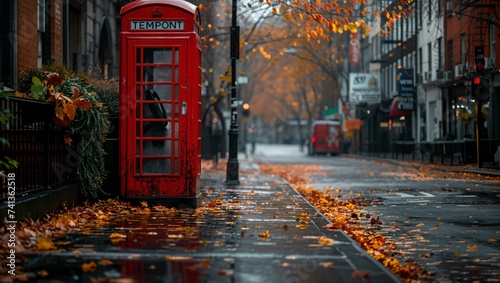 The red phone booth in the middle of urban street