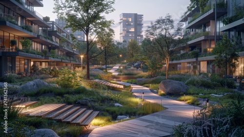 Innovative mixed-use development, terraced design with public green spaces, modern urban living, pedestrian-friendly pathways