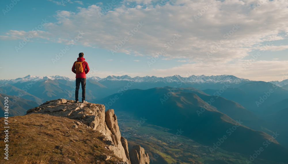 A man stands on the edge of a cliff overlooking a mountain valley