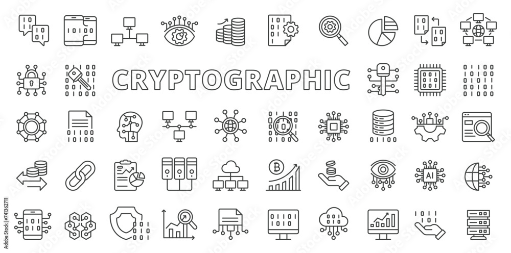Cryptographic icons in line design. Cryptographic, encryption, security, cryptography, code, business isolated on white background vector. Cryptographic editable stroke icons.