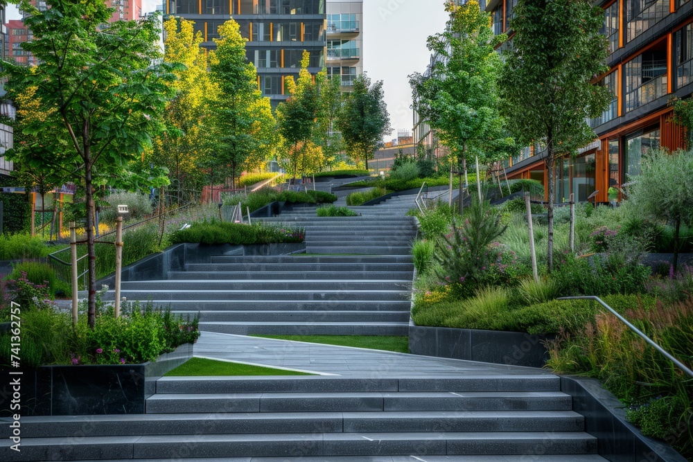 Innovative mixed-use development, terraced design with public green spaces, modern urban living, pedestrian-friendly pathways