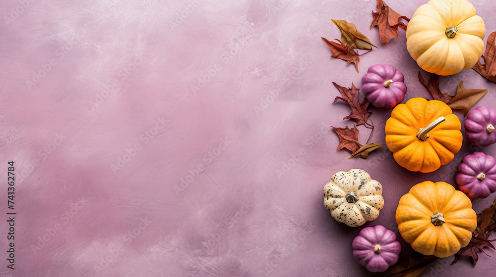 A group of pumpkins with dried autumn leaves and twig, on a purple color marble